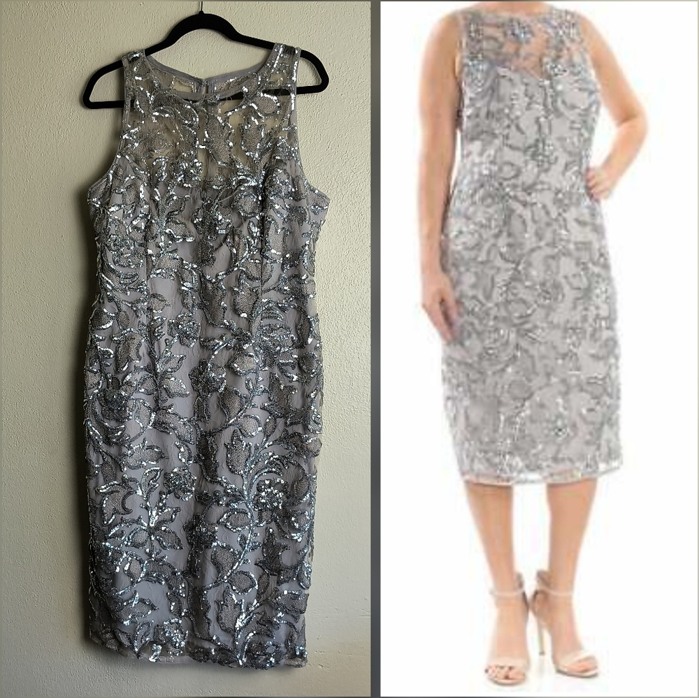Adrianna Papell Silver Sequin Sheath Midi Dress Halter Sleeveless Size 14 Casual